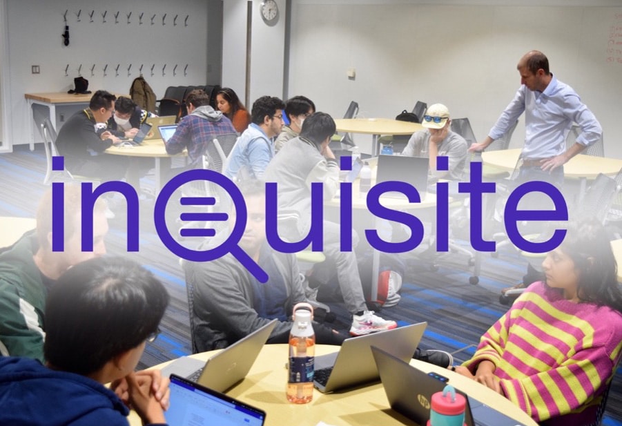 Classroom with Jon Reifschneider teaching and overlay of "Inquisite" logo